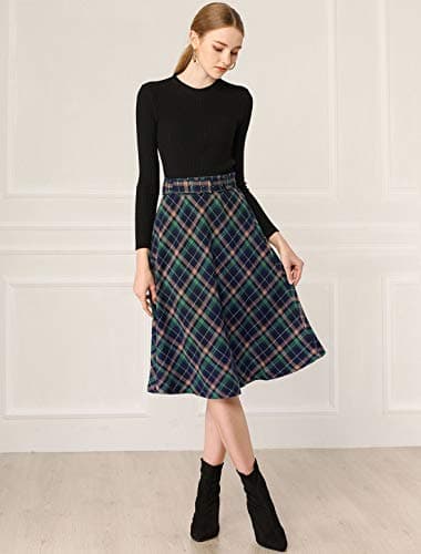 Allegra K Women's Vintage Tartan Midi Skirt with High Waist Belt