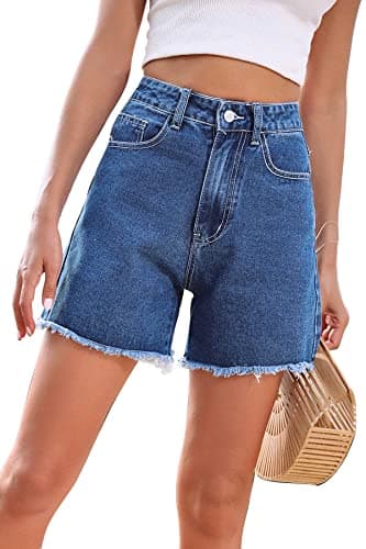 GOLDPKF Women's Mid-Waist Frayed Stretch Denim Shorts — C-dark Blue