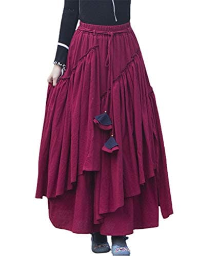 Womens Elastic Waist Retro Maxi Pleated Long Skirt — Wine