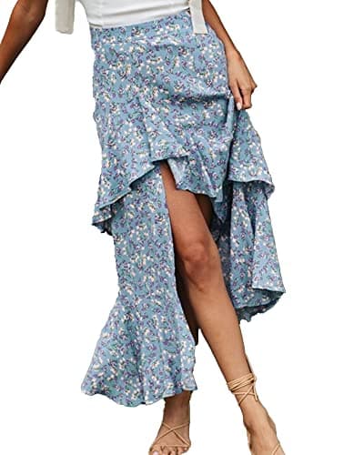 BTFBM Women's 2025 Summer Floral Print Elastic Waist High-Low Boho Maxi Skirt — Z-blue