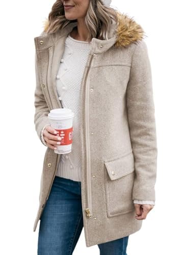 Shanfetl Women's Mid-Length Pea Coats with Faux Fur Hood