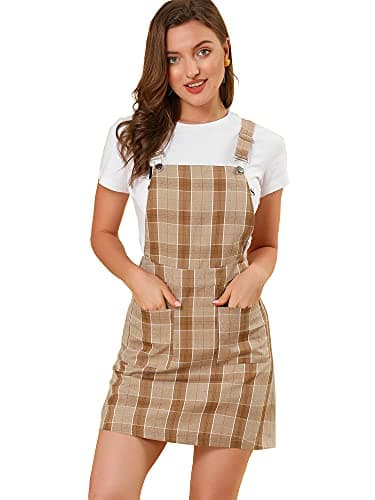 Women's Plaid Overall Dress with Adjustable Straps — Brown-white