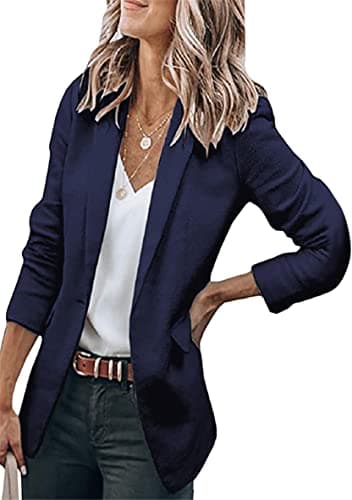 WIWIQS Women's Comfortable Long-Sleeve Open Front Blazer Suit — Navy Blue