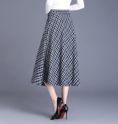 Biilyli Women's High Waist Wool Plaid Midi Skirt