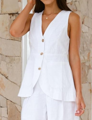 Lightweight Linen Vest for Women, Sleeveless Button Up Blazer