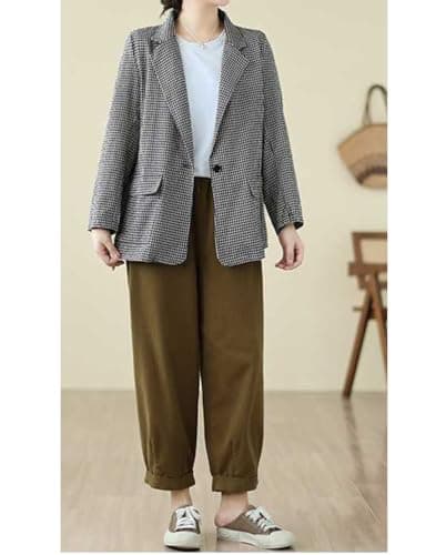 Cotton Linen Plaid Blazer for Women Oversized Lightweight Jacket