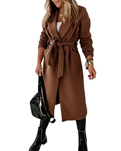 Ladiyo Women's Classic Open Front Belted Long Coat