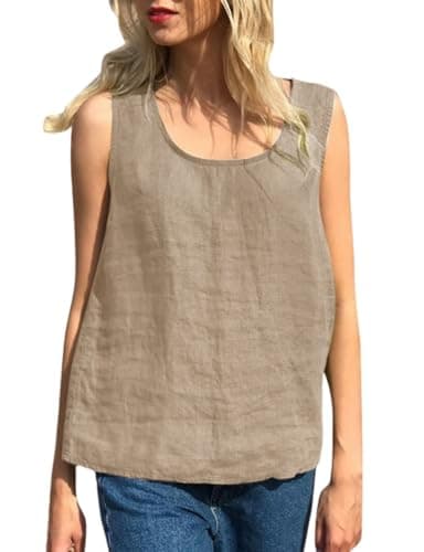 Lightweight Linen Tank Tops for Women- Crew Neck, Sleeveless Blouse — Beige
