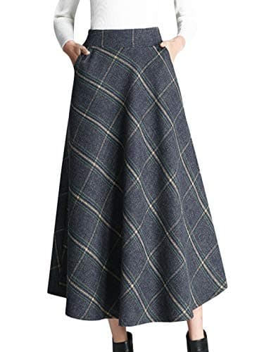 Women's Winter Wool Plaid A-Line Pleated Long Skirt — Blue Grey