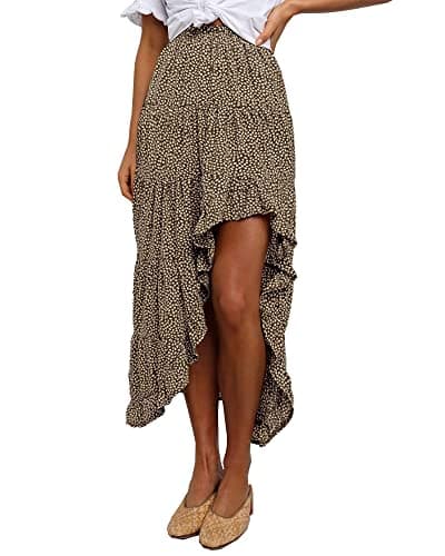 BTFBM Women's 2025 Summer Floral Print Elastic Waist High-Low Boho Maxi Skirt — Coffee