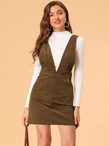 Allegra K Women's Corduroy V-Neck Mini Pinafore Dress
