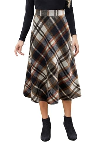HERBATOMIA Women's High-Waist Casual Pleated Midi Skirt with Pocket — Brown-white-098