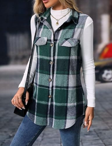 IDEALSANXUN Women's Plaid Flannel Sleeveless Jacket Cardigan Outerwear for Fall Winter