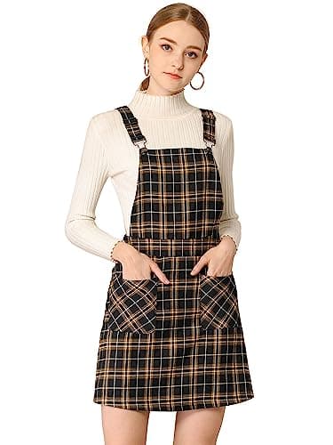 Women's Plaid Overall Dress with Adjustable Straps