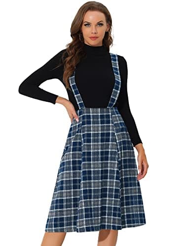 Allegra K Women's Vintage Tartan Suspender Midi Dress High Waist A-Line — Dark Blue