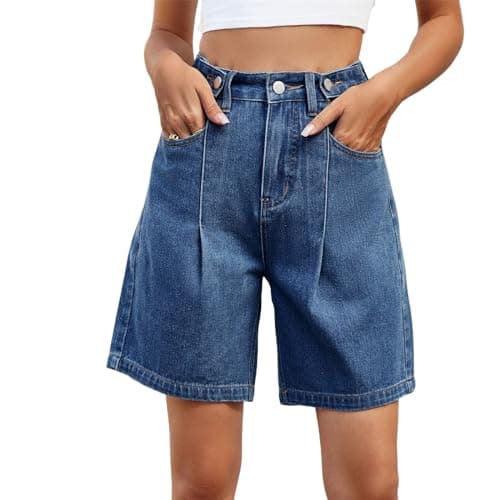 High waist denim shorts with pockets for women — A-dark Blue