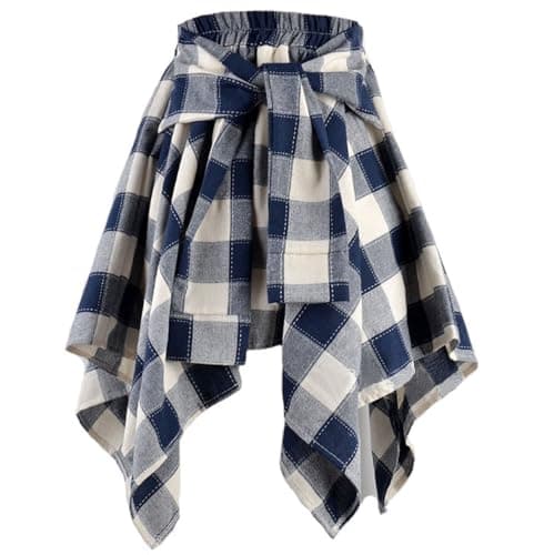 Women's Elastic Waist Plaid Mini Skater Skirt Knot Front Irregular Hem — Blue&white