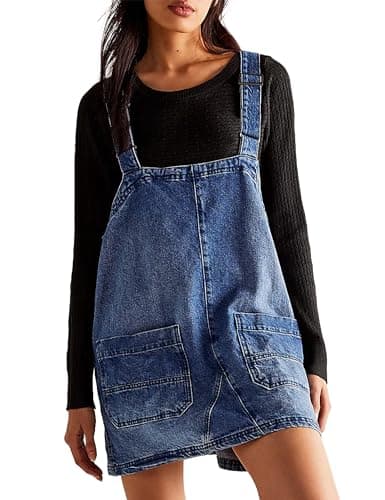 Xuehaya Women's Casual Denim Overalls Adjustable Strap Rompers — Dark-blue