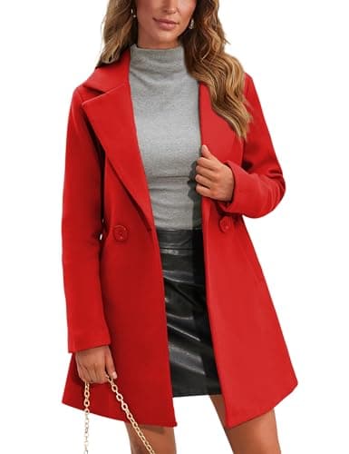 Springrain Women's Wool Pea Coat Notched Collar Midi Trench Coat — Red