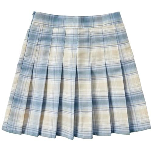 Yewsea High-Waisted Pleated Mini Skirt Skort for Women & Girls — Lightblue Plaid