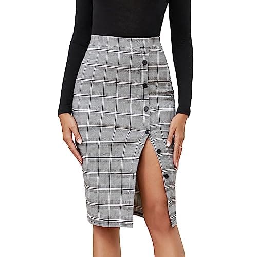 Byinns Women's High Waist Plaid Midi Work Skirt with Button Slit — Gray Black Plaid