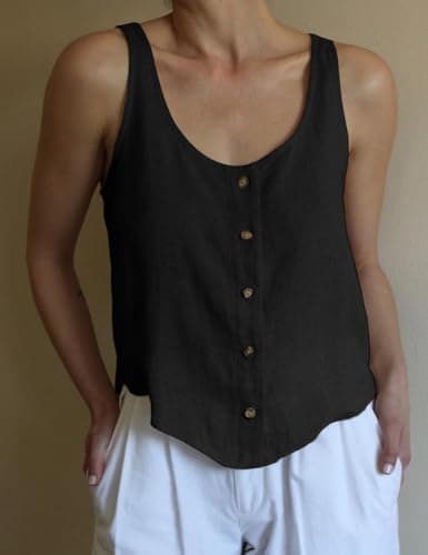 IDEALSANXUN Women's Linen Scoop Neck Button Down Sleeveless Top