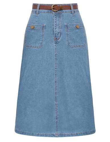 High Waisted Denim Skirt with Belt for Women — Light Denim Blue