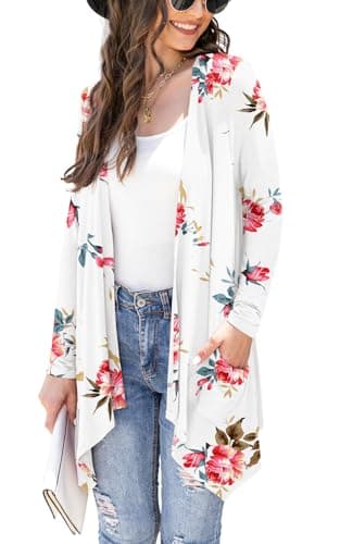 Veryoung Women's Lightweight Floral Long Sleeve Cardigan with Pockets — B05-floral_off_white