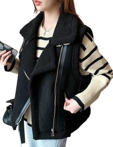 IDEALSANXUN Women's Suede Sherpa Vest Warm Fur Lined Coat — Black