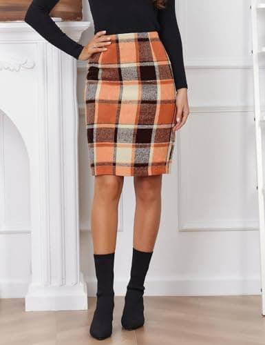 IDEALSANXUN Orange Wool Midi Skirt, 2024 Fall Women's Knee Length Plaid Slit Midi Skirt