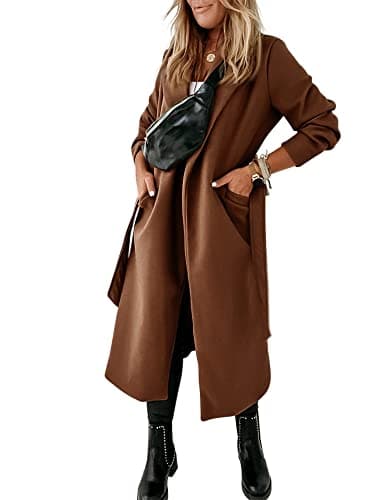 Ladiyo Women's Classic Open Front Belted Long Coat