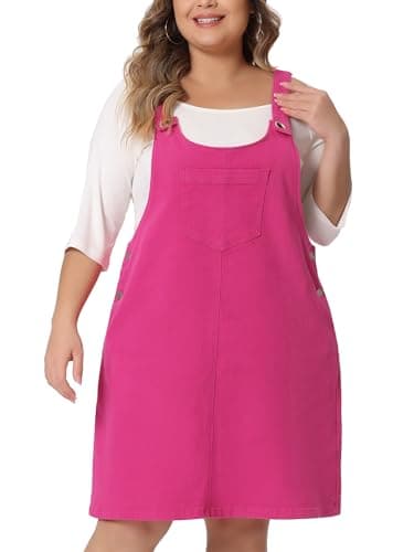 Agnes Orinda Plus Size Women's Denim Overall Bib Dress — Hot Pink