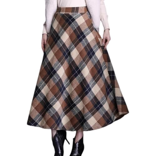 BININBOX Women's Vintage Plaid Maxi Wool Skirt Elastic Waist — Khaki