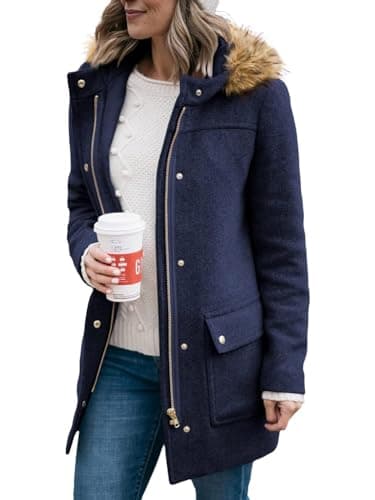 Shanfetl Women's Mid-Length Pea Coats with Faux Fur Hood — Dark Blue