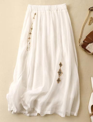 Linen Women's Summer Flare A Line Embroidery Skirt