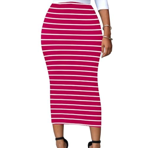 Lrady Women's High Waist Slim Maxi Pencil Skirts for Night Out Party — Striped (Rose Red and White)
