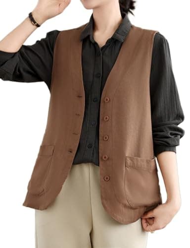 IDEALSANXUN Women's Linen Vest Lightweight Spring Summer Blazer — Brown