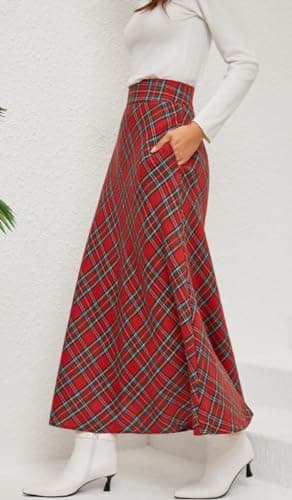 XQR Women's Vintage Plaid Maxi Skirt High Waist with Pockets