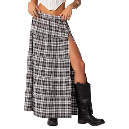 LAVASEON Women's Vintage Plaid Tiered Maxi Skirt with Elastic Waist — Back