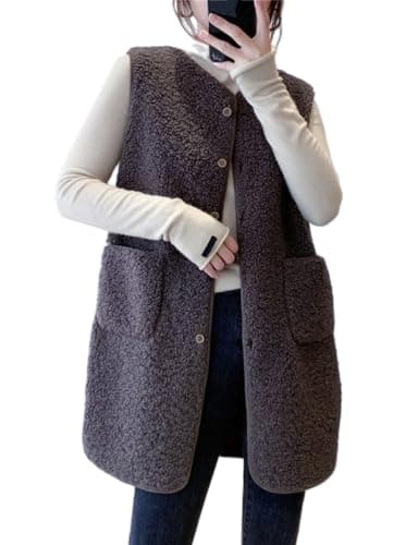 IDEALSANXUN Women's Fall Winter Long Fleece Sherpa Fuzzy Cardigan Vest — Coffee