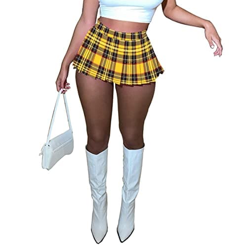 HAOYUAN Women's Mini Pleated Stretchy Skater Skirt — Yellow Plaid