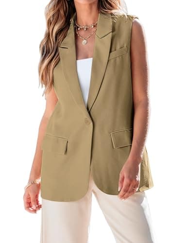 Luvamia Women's 2025 Spring Casual Long Sleeveless Open Front Blazer Vests Top Pockets Office Suit — Khaki
