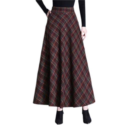 SANGTREE Women's High-Waist Flared Tartan Wool Skirt — Red