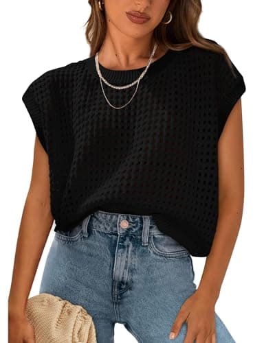 IDEALSANXUN Women's Crochet Sweater Vest Shorts Casual Pullover Tank Tops — Black