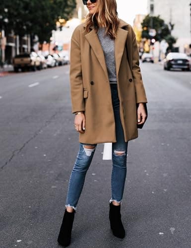 Hooever Women's Notched Lapel Wool Coat Pea Blazer Jacket