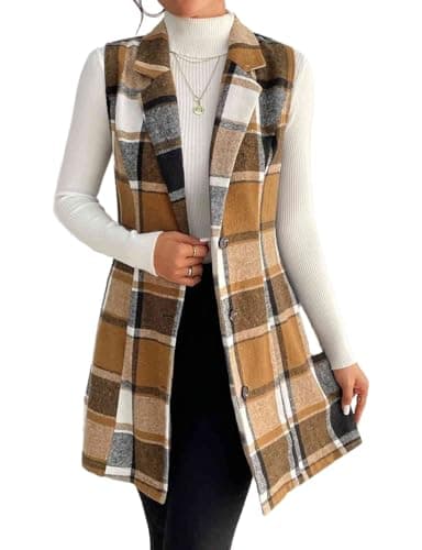 IDEALSANXUN Wool Plaid Vest for Women Fall Winter Sleeveless Blazer Jackets