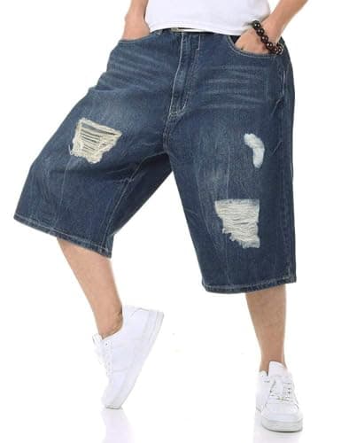 IDEALSANXUN Men's Baggy Casual Long Denim Jorts Shorts Loose Fit Trendy Styles — Ripped Blue