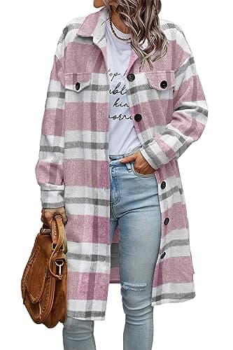PrettyGarden Women's Plaid Shacket Long Sleeve Button Up Flannel Winter Coat — Plaid Pink