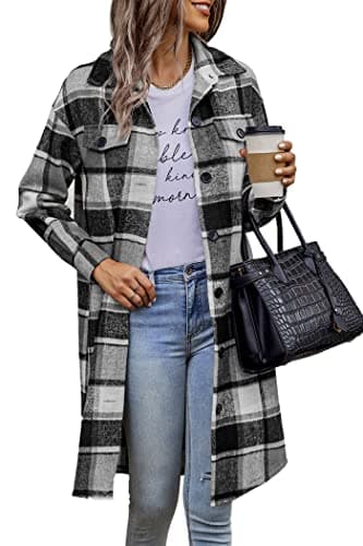 PrettyGarden Women's Plaid Shacket Long Sleeve Button Up Flannel Winter Coat — Grey