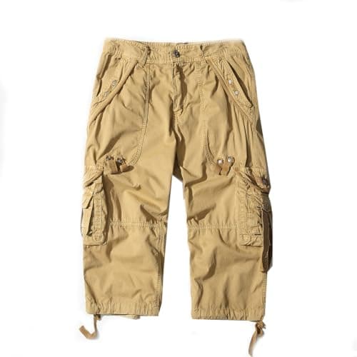 AOYOG Men's 3/4 Cargo Shorts Relaxed Fit Cotton Capri Pants — Khaki